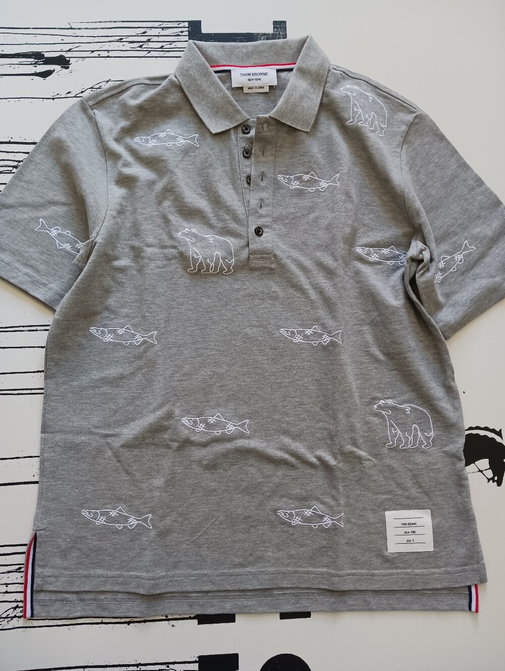 Thom Browne Gray Polo with Embroidered Bear & Fish Motifs Size 3